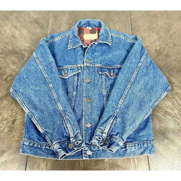 Vintage Plain Pockets Jean Jacket Men's Size Medium Denim Plaid Made in Mexico - Picture 2 of 11